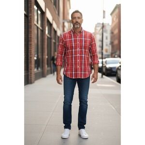 Ralph Lauren Men's Long Sleeve Button Down Shirt Red White Blue Plaid Size L